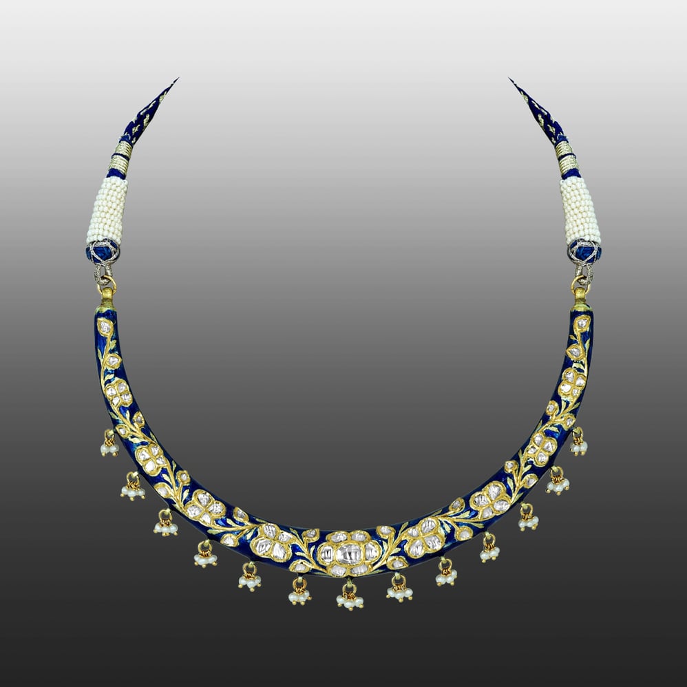 Blue Enamel Polki Hasli with Floral Design and Pearl Drops